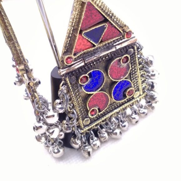 Tribal Dangle Earrings With Bells, Kuchi Vintage Massive Red and Blue GlassStone - Picture 3 of 6